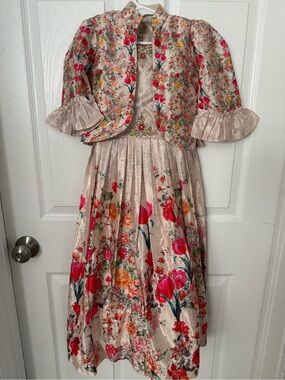 Girls Floral Metallic Pink Party Dress with Jacket